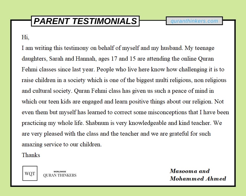 Parents’ Testimonials of Quran Fahmi Classes